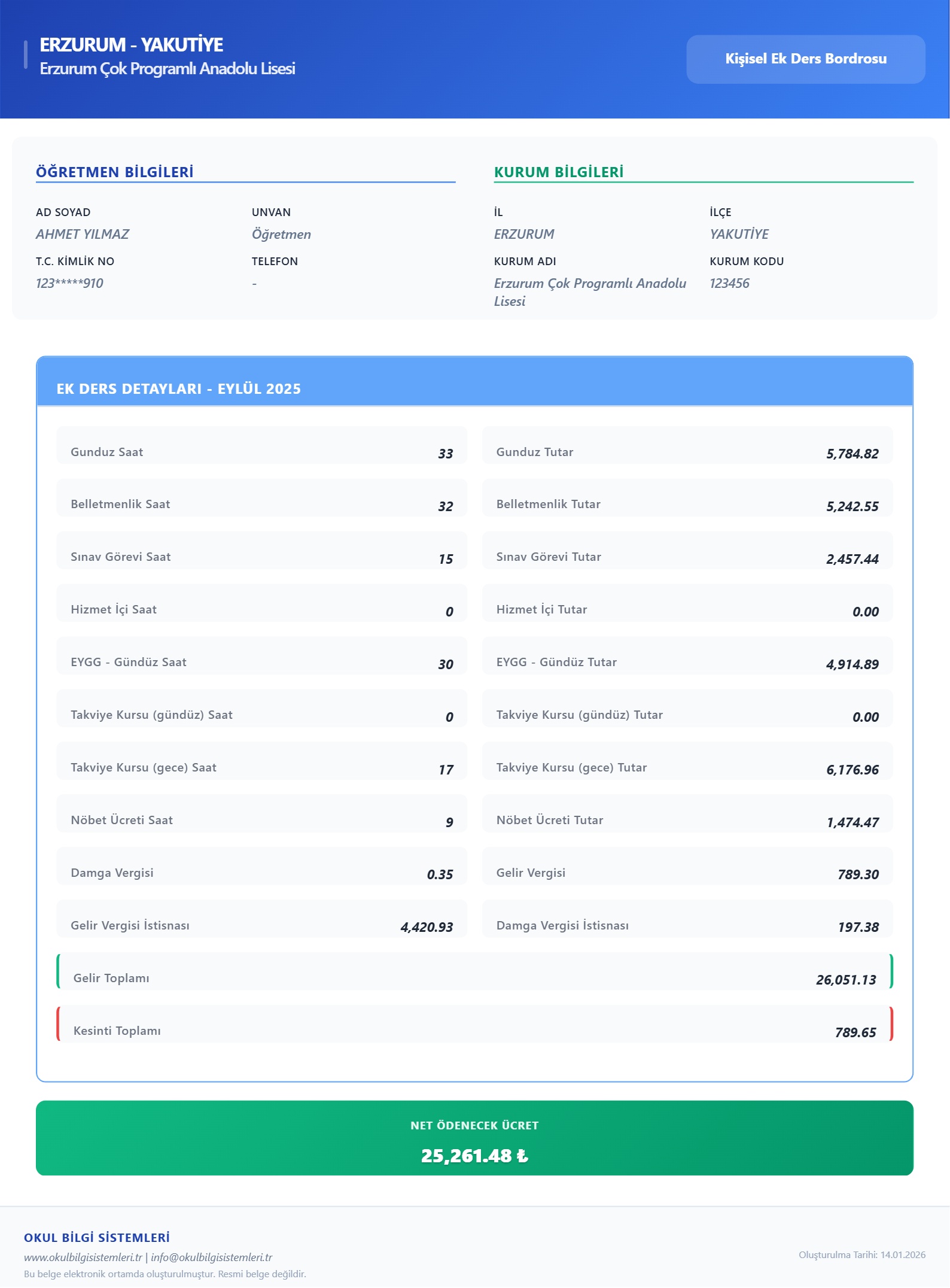 KBS Ek Ders Bordro Belgesi