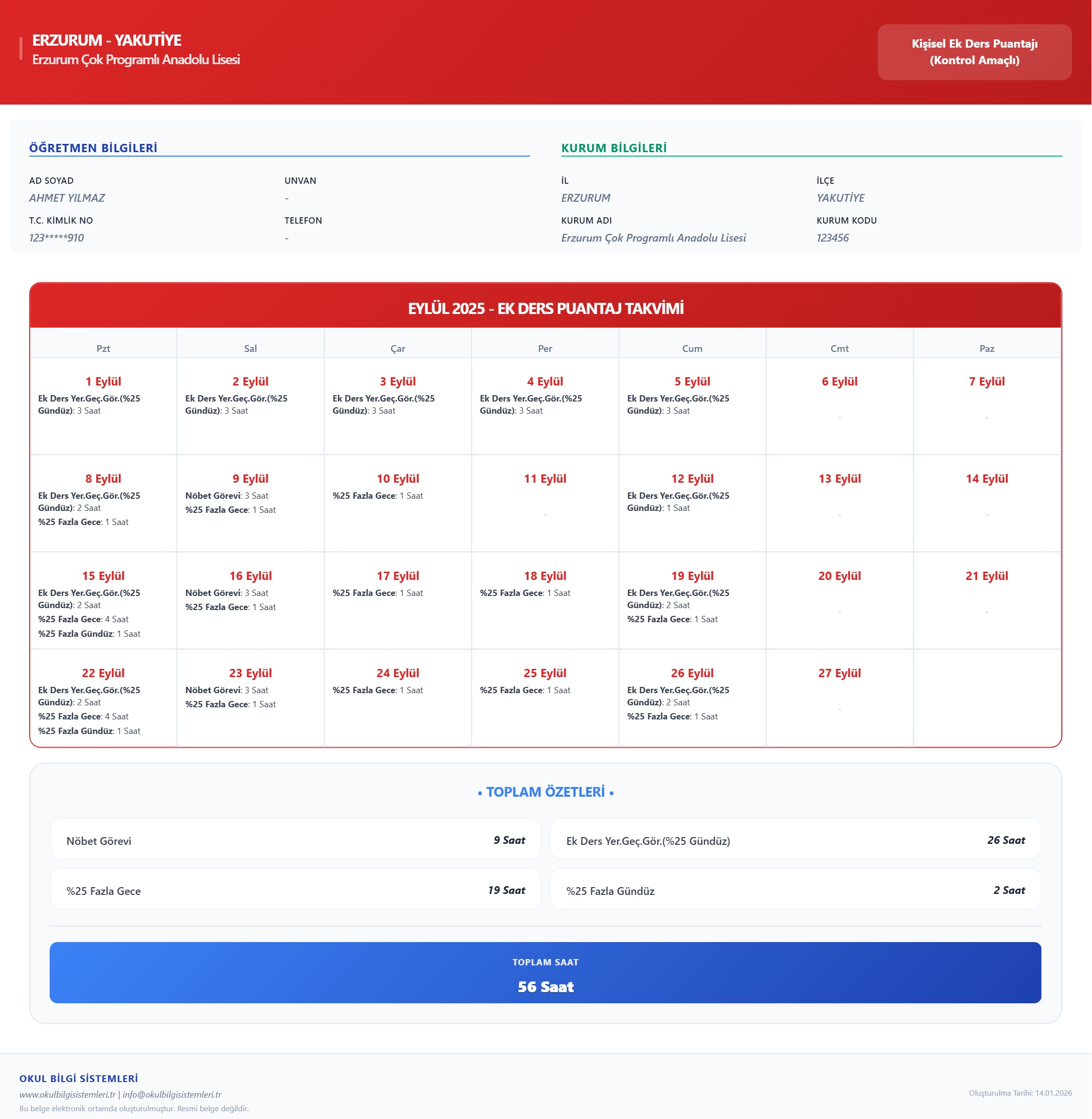 MEBBİS Puantaj Belgesi