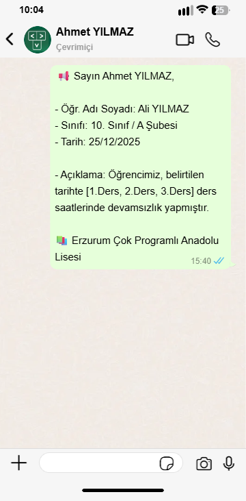 WhatsApp Ders Bazlı Devamsızlık Mesajı
