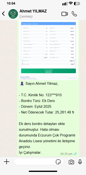 WhatsApp KBS Ek Ders Bordro Mesajı